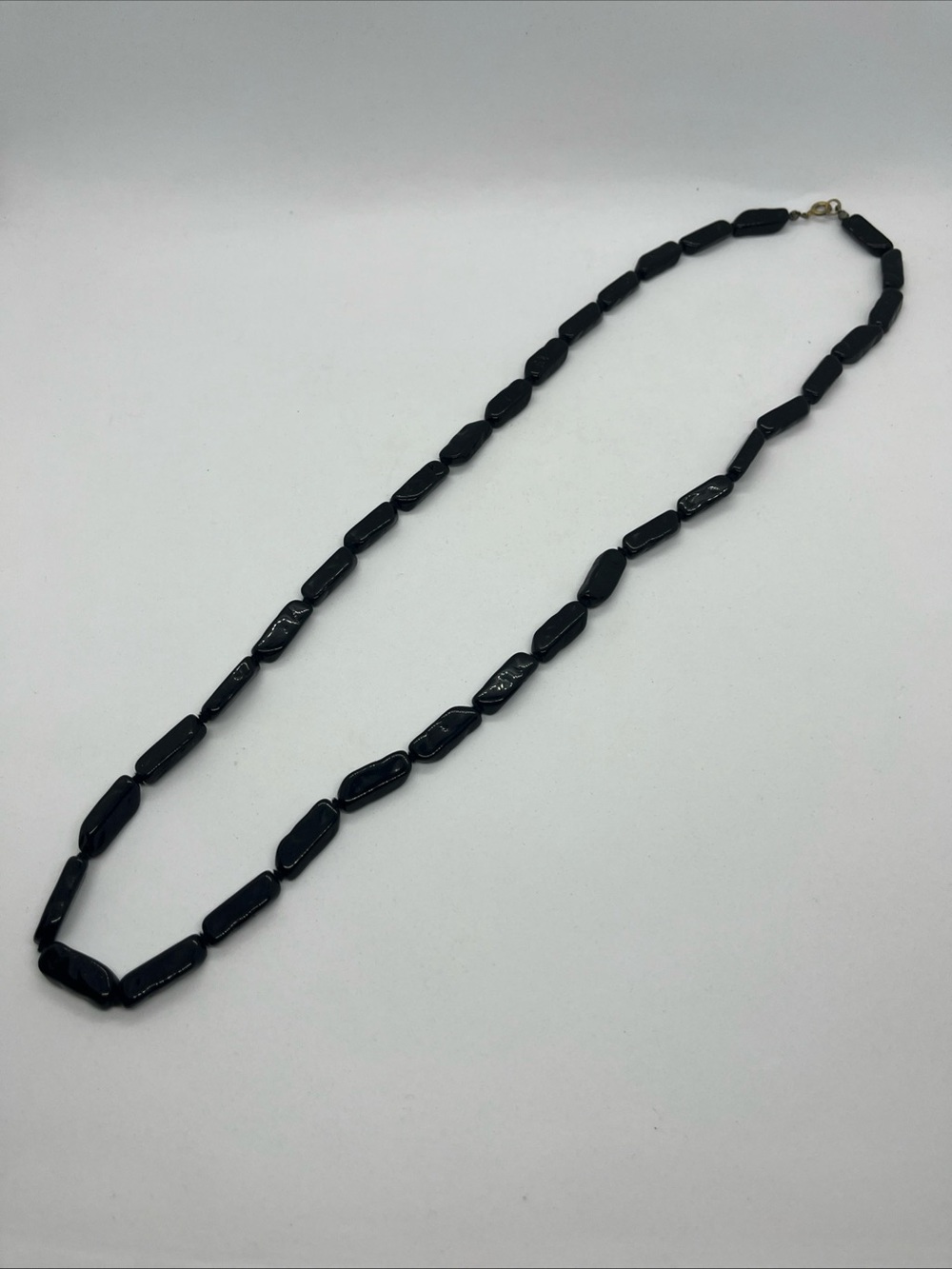 Black Rectangular Beaded Necklace With A Glossy Finish 28 Inches Long